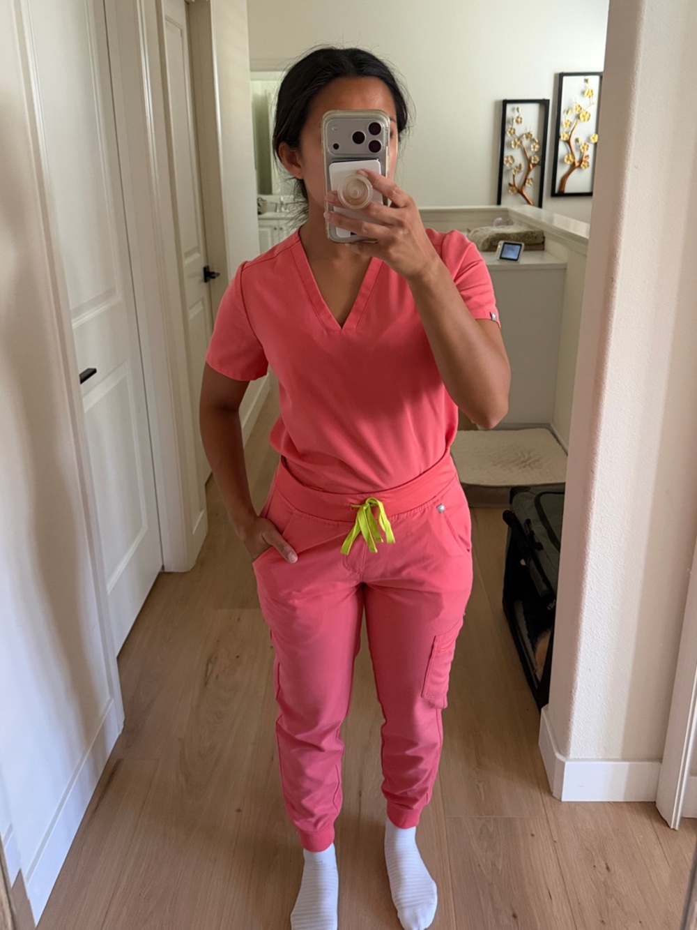FIGS Scrub Set - Coral Scrub Tub & Jogger Pants with Neon Green Drawstring
